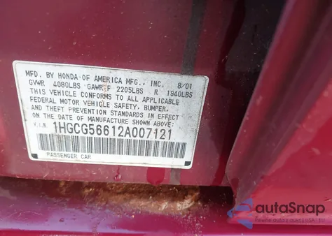 2002 Honda Accord 2.3 Ex z USA, uszkodzony, nr VIN 1HGCG56612A007121